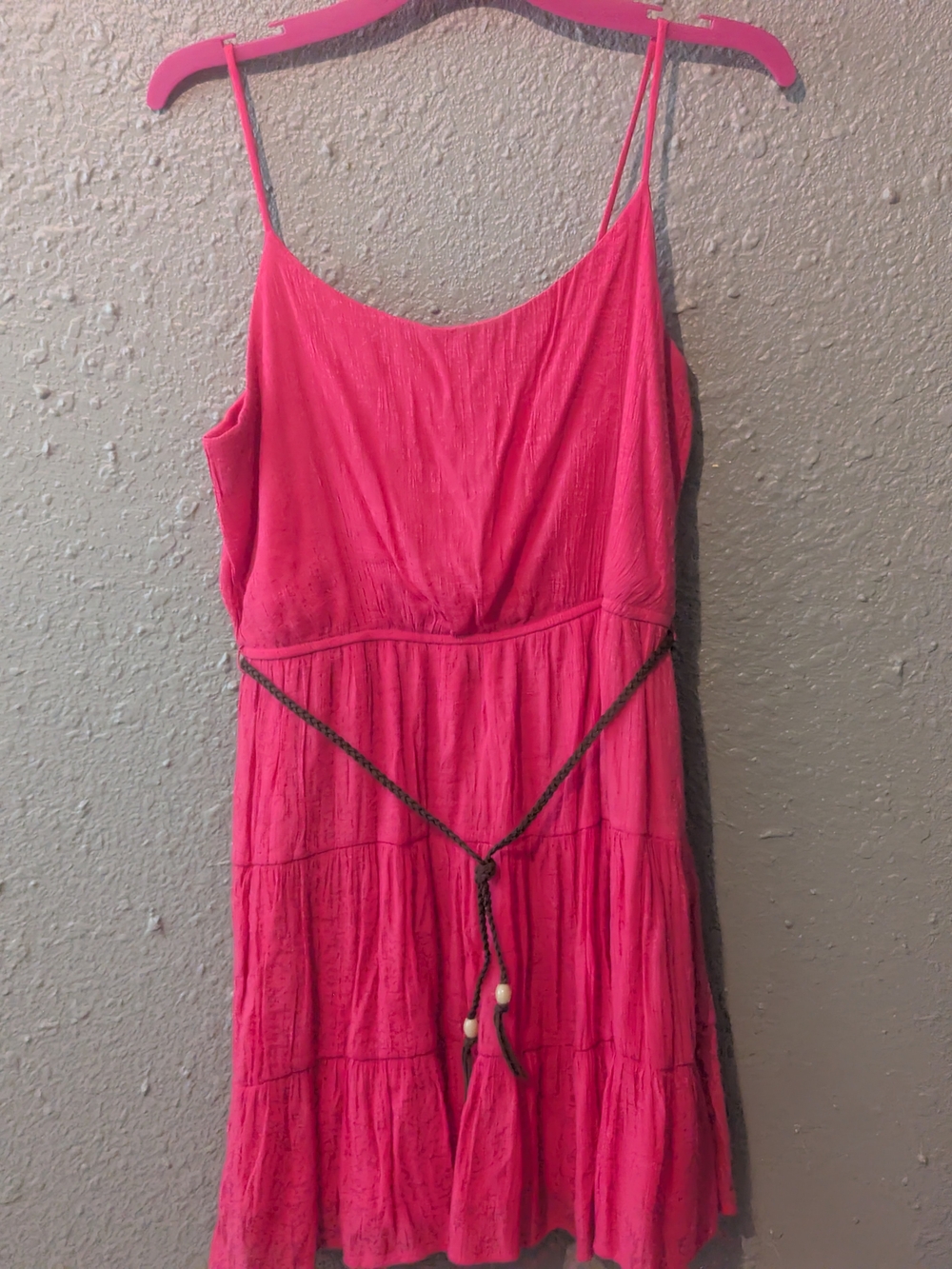 Sz L Hot Pink Tiered Mini Dress with Rope Waist